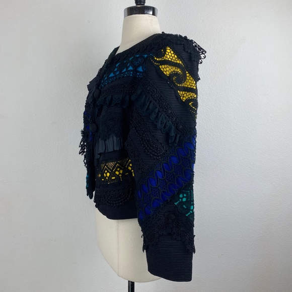 UDO Womens Black Crop Jacket Size 8 Bold Artsy Avant-Garde Ruffles Embroidery - Picture 9 of 13